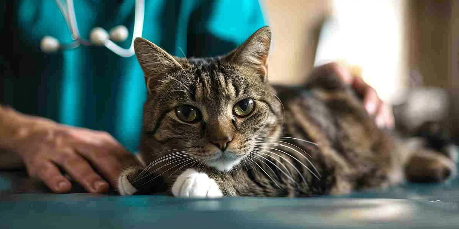 Una foto de un gato siendo examinado por un veterinario