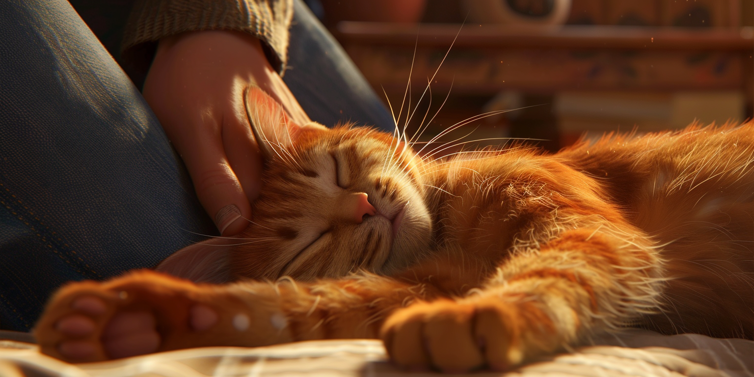 A relaxed cat being petted by its owner