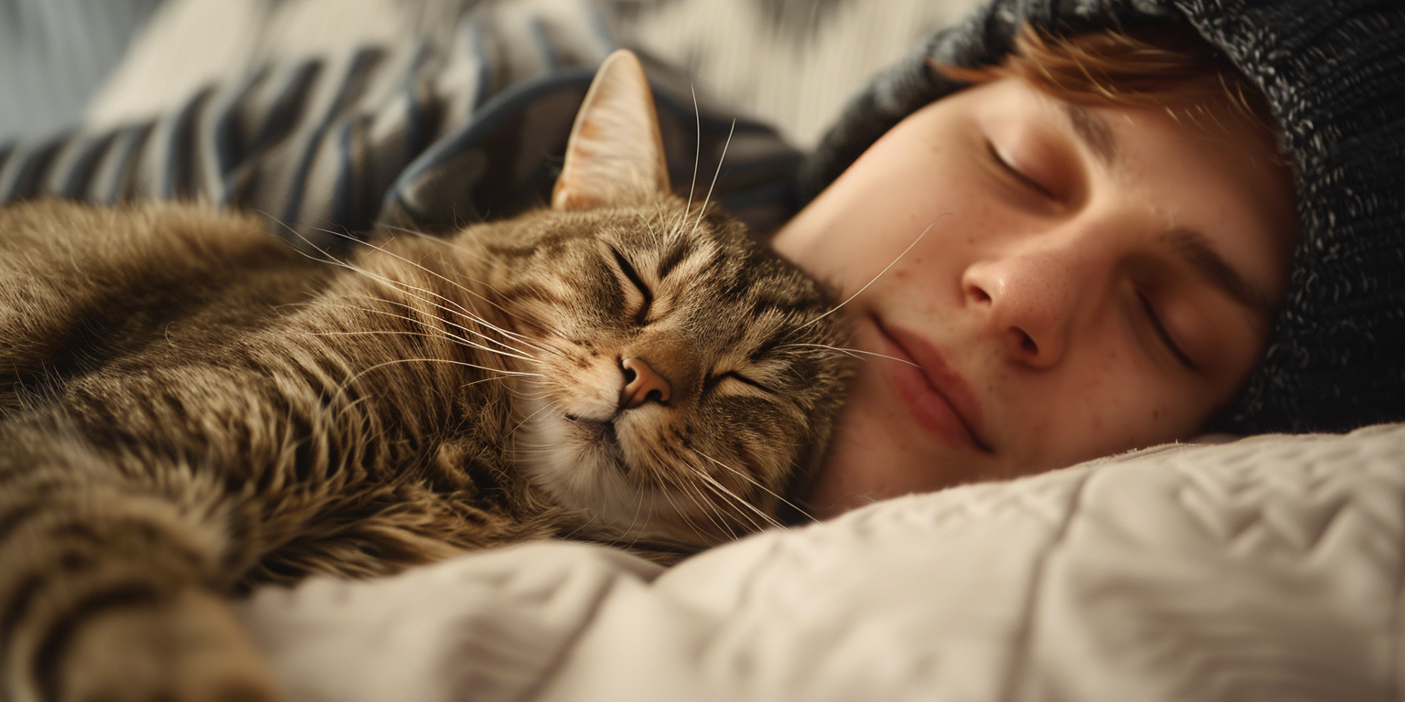 Una relajante imagen de un gato ronroneando y descansando cerca de su humano