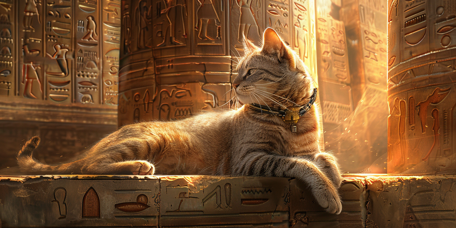 Una imagen artística que represente gatos en un contexto histórico o mítico
