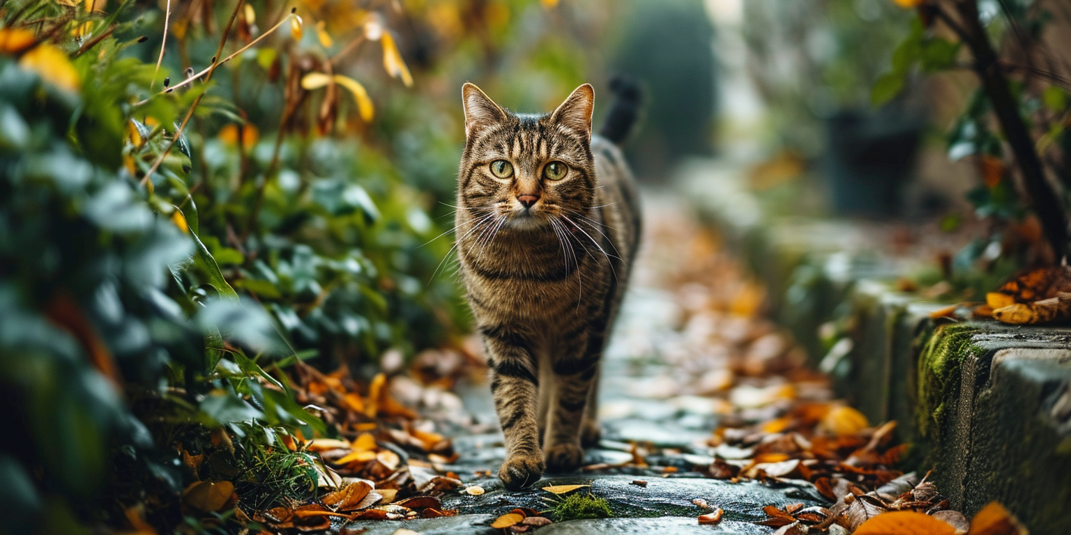 un gato explorando un jardín o un área residencial