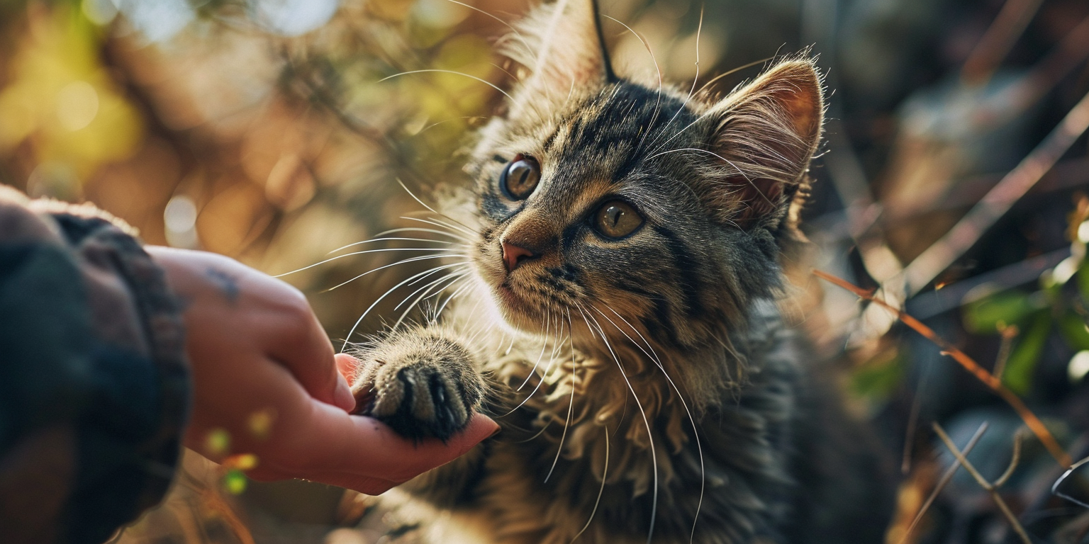 una mano humana amigablemente extendida hacia un gato