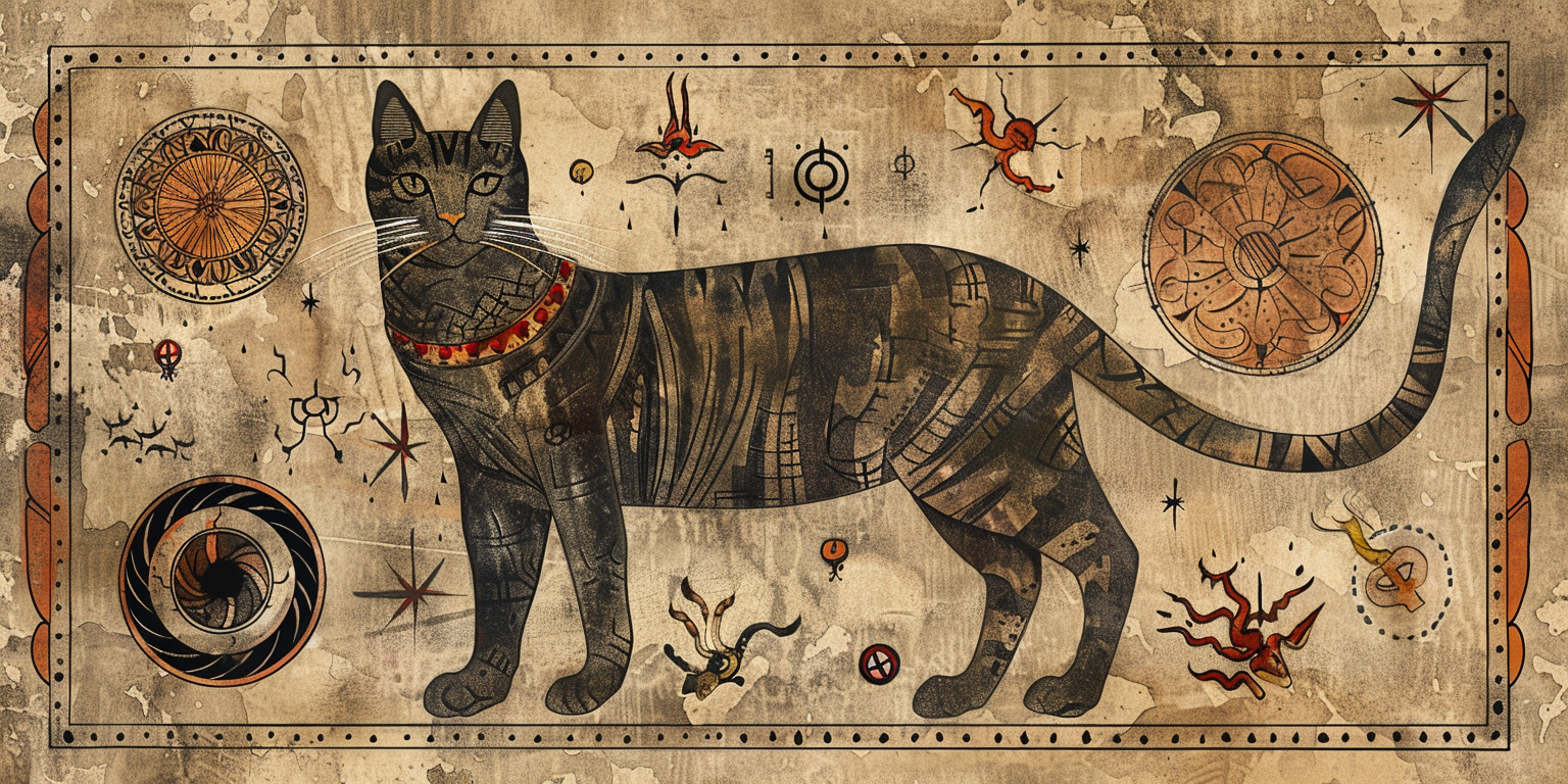 Ilustracion que representen gatos en contextos míticos o esotéricos, como los manuscritos antiguos.