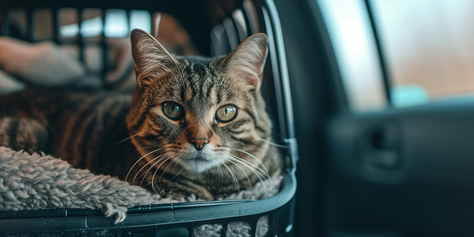 un gato en un transportín en el asiento trasero del coche