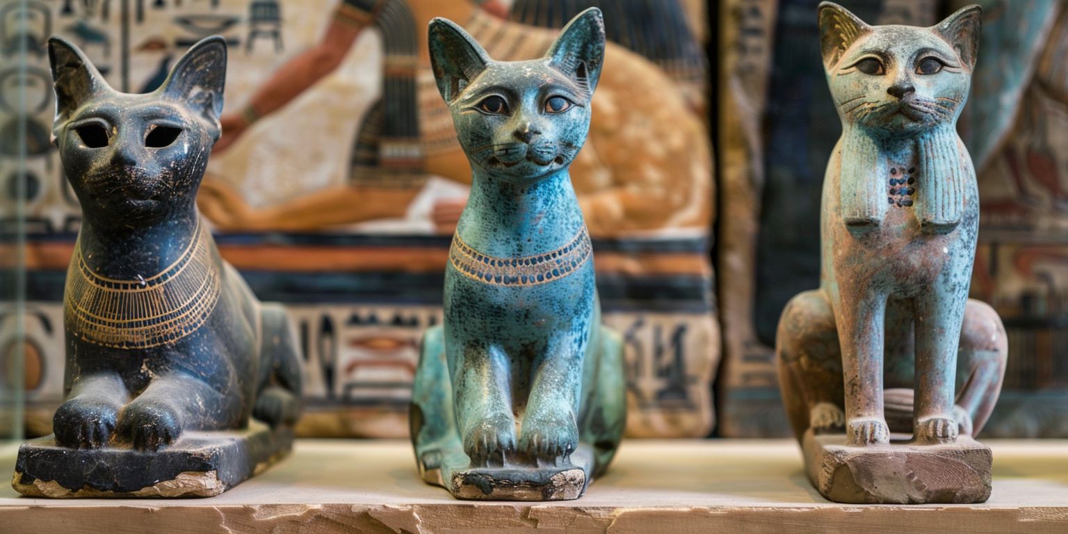 Imágenes de estatuas o artefactos de Bastet o representaciones artísticas de gatos en el antiguo Egipto.