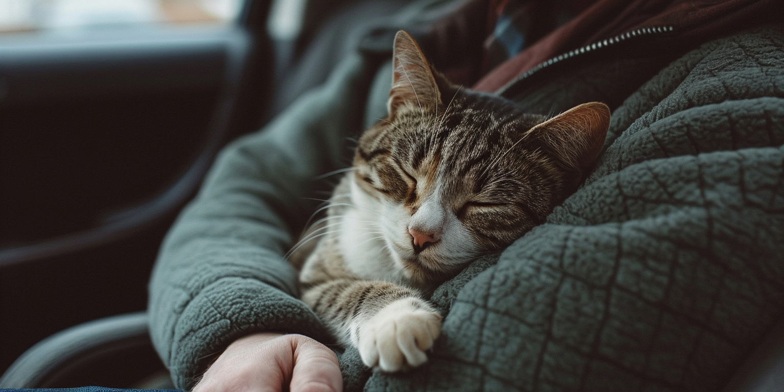 un gato siendo tranquilizado por su dueño en un entorno de viaje