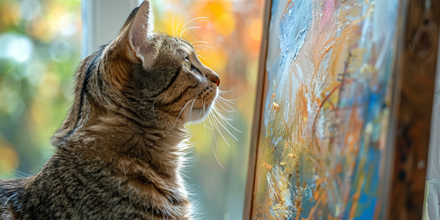un gato posando que parezca contemplar una obra de arte