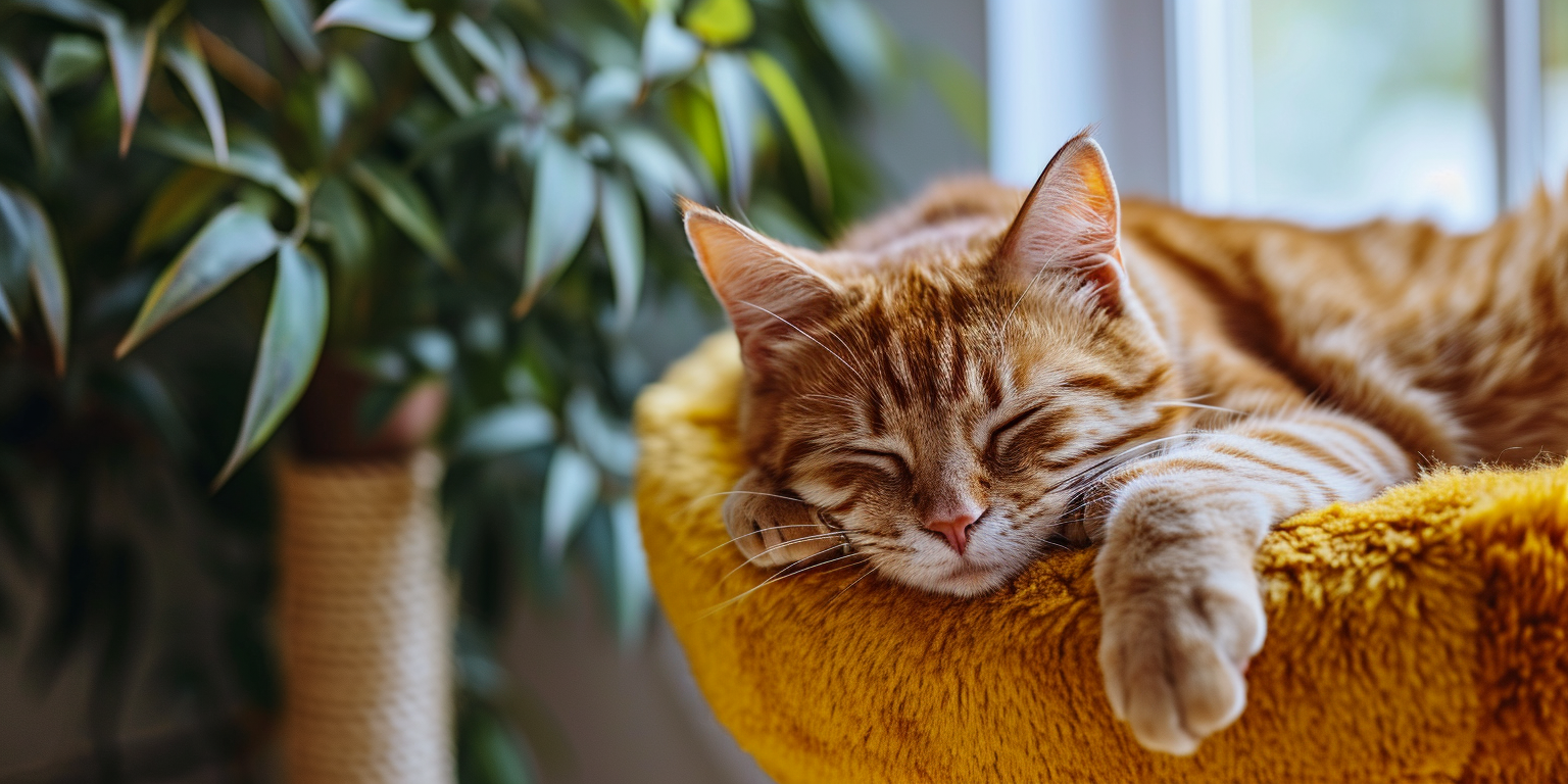 un gato durmiendo en un arbol para gatos en el salon