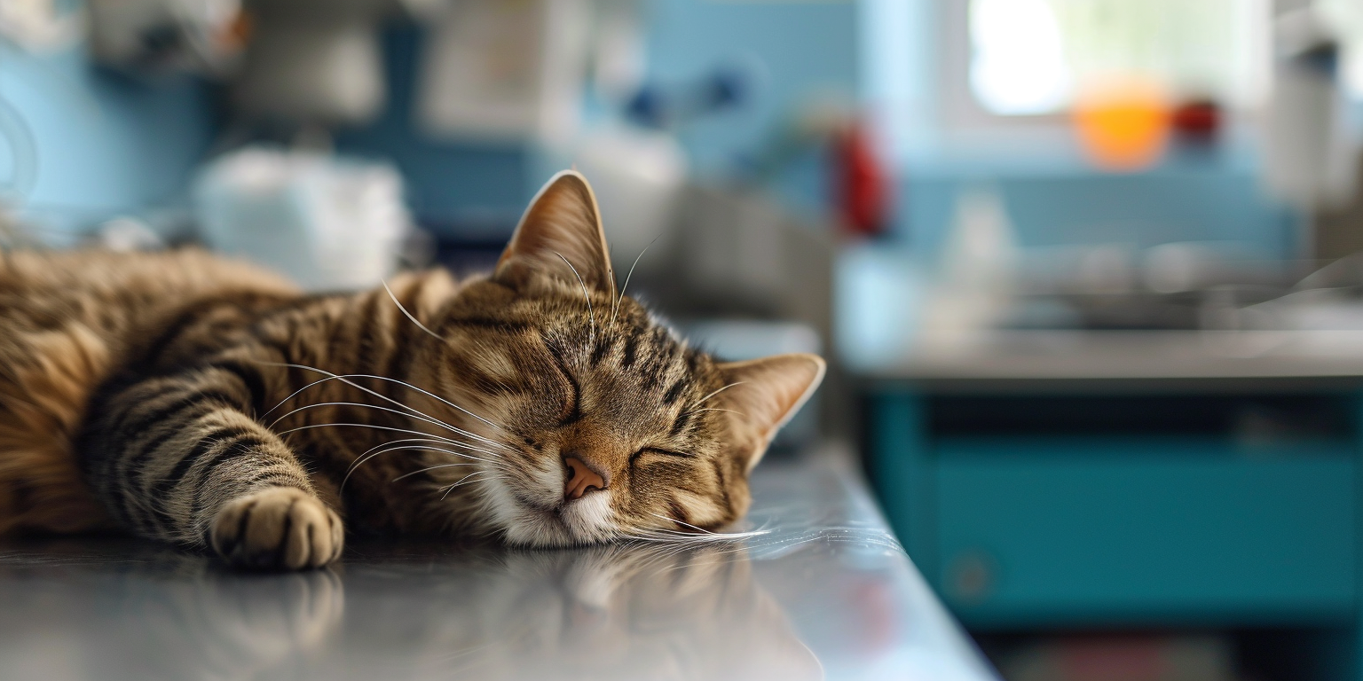 un gato durmiendo en la sala de un veterinario