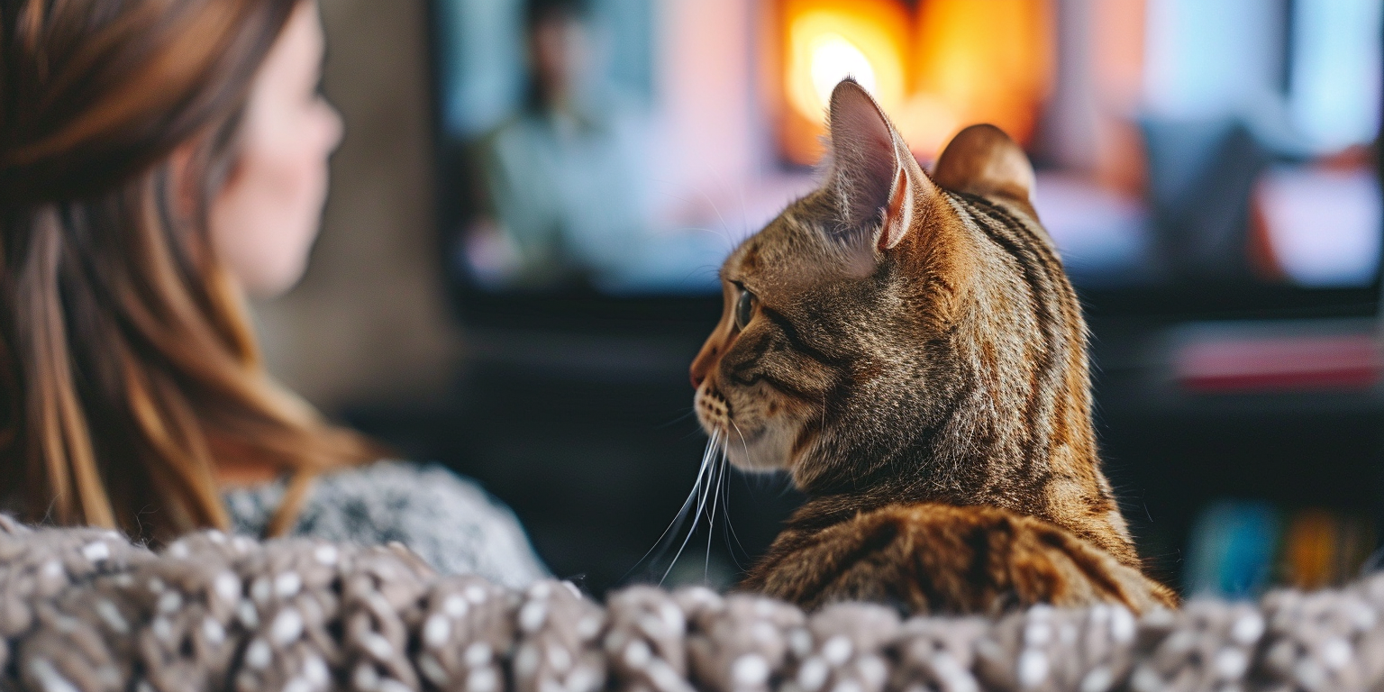 un gato viendo tele junto a su dueña