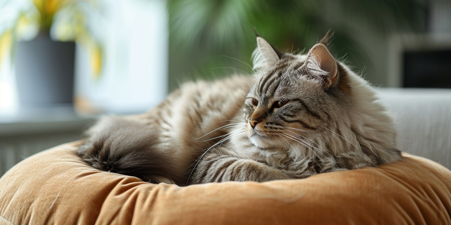 un gato acurrucado en un cojín