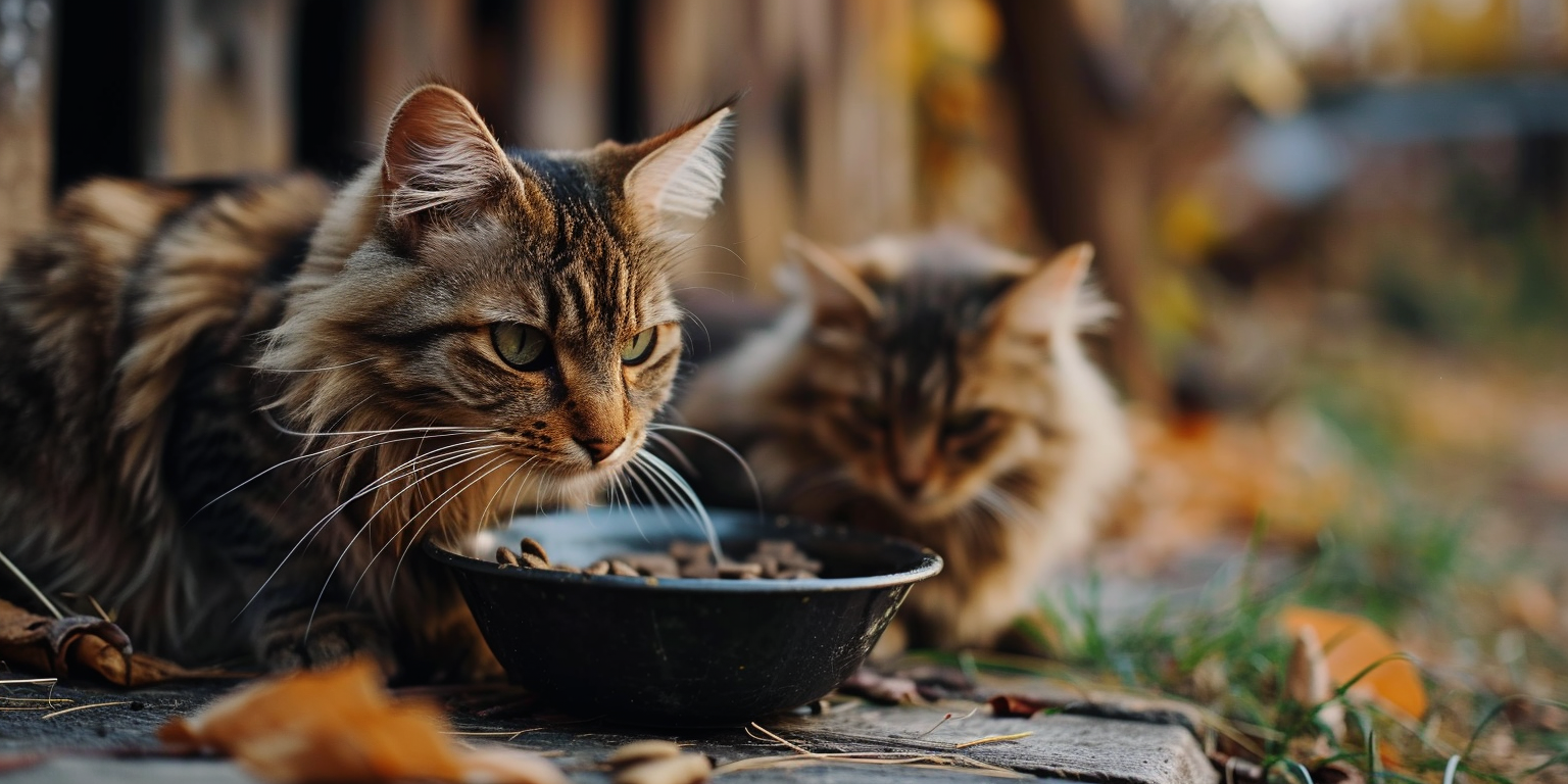 gatos comiendo en cuencos