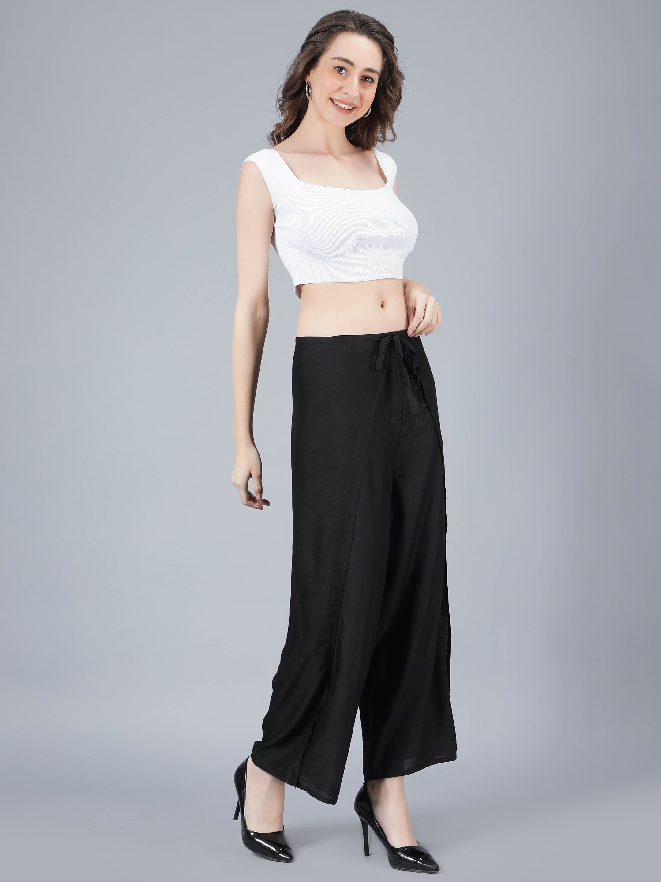 Womens High Waist Wrap Trousers Long Pants Casual Loose Wide Leg Ladies  Palazzo | eBay