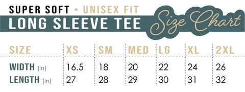 Fig & Lily Co. soft cozy long sleeve shirt size chart, sizes XS thru 2X, made in the USA