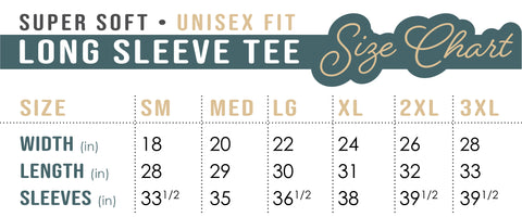 Fig & Lily Co. unisex super soft long sleeve tee size chart sizes small-3XL