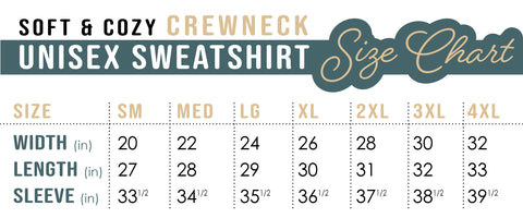 Fig & Lily Co. unisex crewneck cozy sweatshirt size chart thru 4X