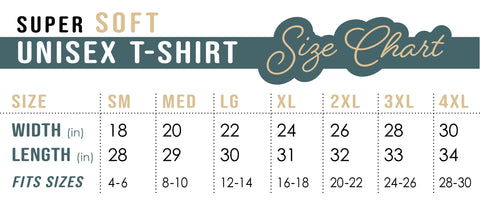 Fig & Lily Co. super soft unisex t-shirt size chart, size small thru 4X
