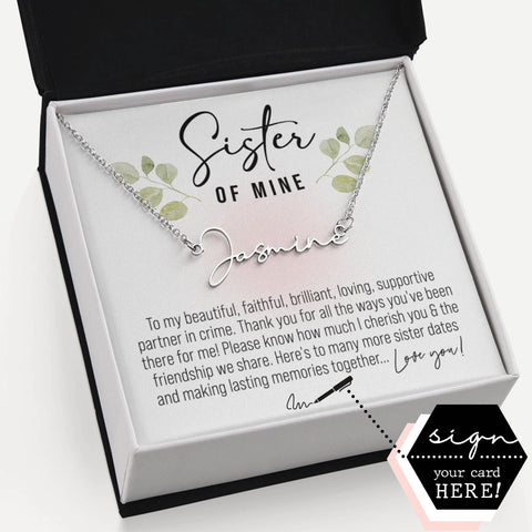 Fig & Lily Co. Personalized name necklace gift for sister of mine with message card you can sign