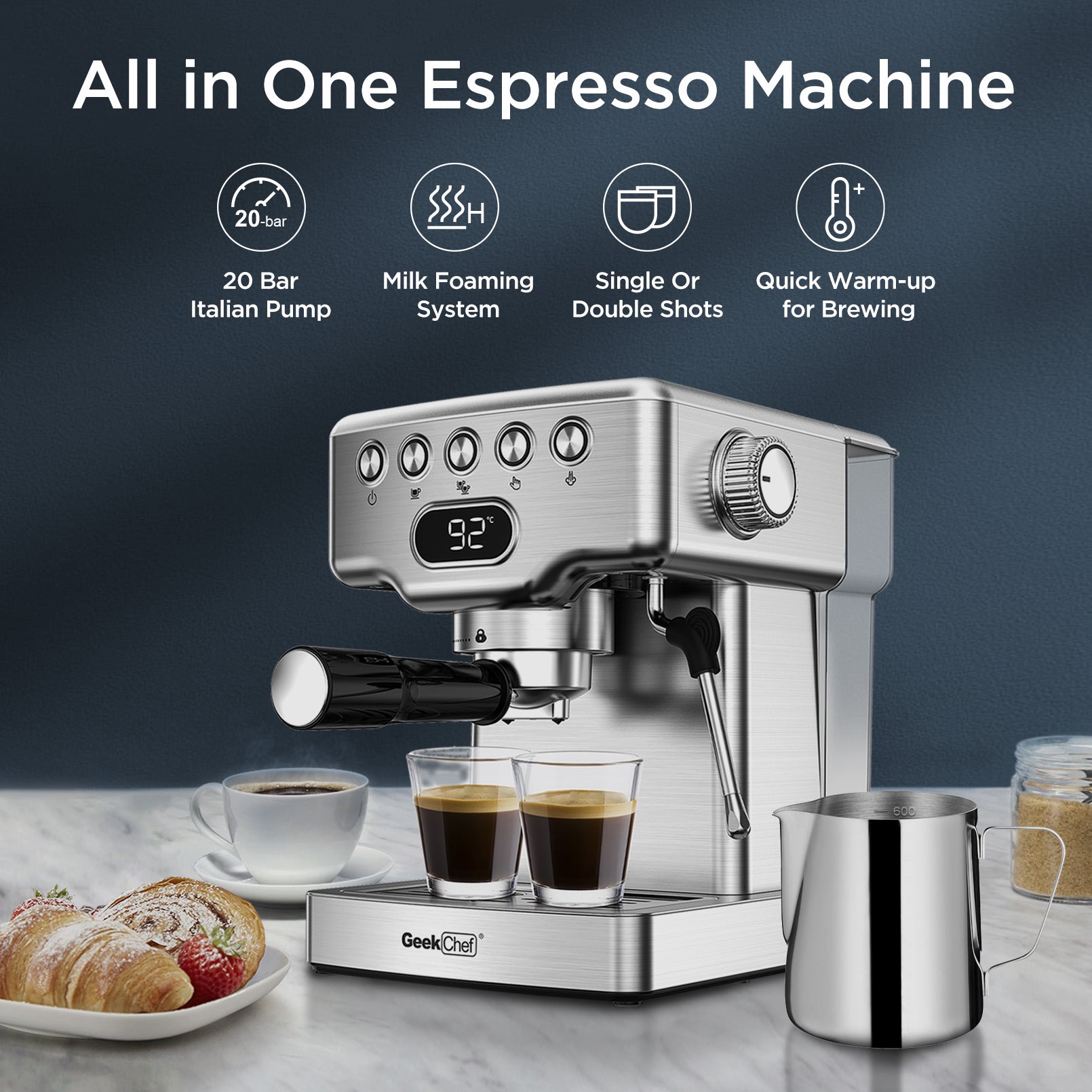 20 Bar Professional Espresso Machine With Milk Frother For Latte, Cappuccino, Macchiato