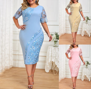 Plus Size Summer Fashion Lace Splice Party Dress Women's Solid Round Neckline - Borrowed & Blue Wedding Outlet