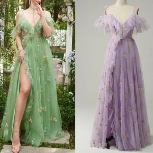 Customized Floral Embroidered Elegant Party Dress A Line High Split V Neck Ruffled - Borrowed & Blue Wedding Outlet