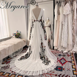 Mryarce Colorful Embroidery Lace Floral Forest Woodland Meadow Boho Texture Pleated Chiffon Wedding Dress - Borrowed & Blue Wedding Outlet