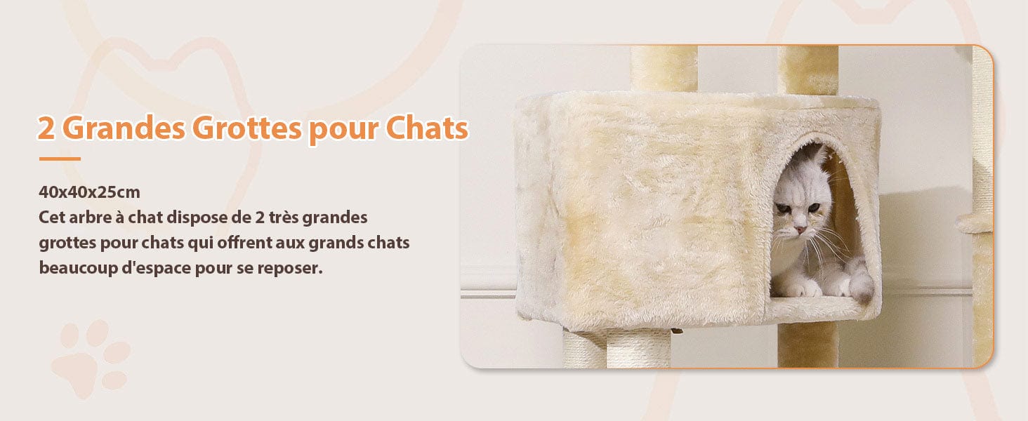 Sikaic Arbre à Chat 153 cm Beige avec Troncs en Sisal Naturel, 2 Plateformes d'observation et 2 Grottes pour Chats