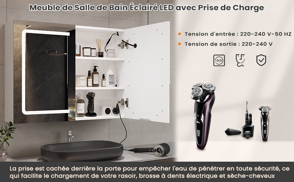Sikaic 70 cm Armoire Miroir de Salle de Bain avec Éclairage LED et Prise Blanc