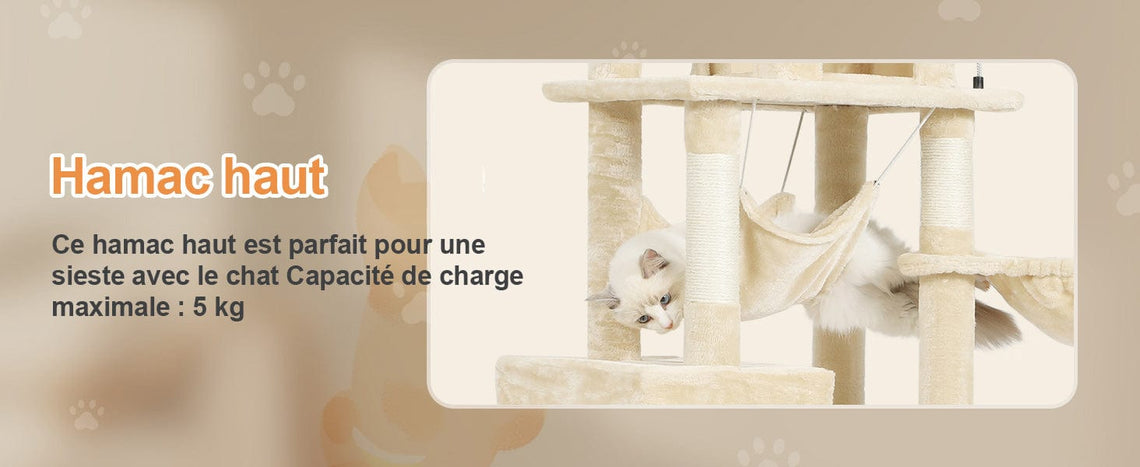 Sikaic Arbre à Chat 170 cm Beige avec 2 Plateformes d'observation, 2 Grottes pour chats et 3 Hamacs