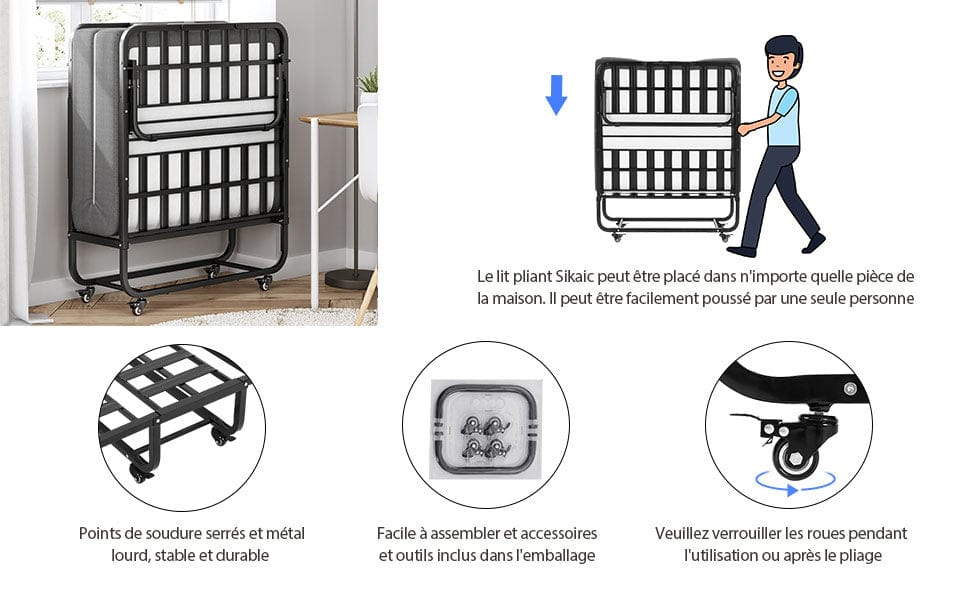 SIKAIC adultes Lits pliants 90x200 cm avec 13 cm matelas