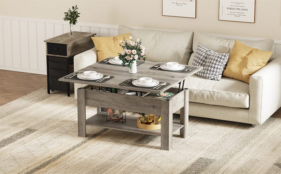 Sikaic Table Basse Relevable et Pliante Multifonctionnelle 3 en 1 avec Étagère de Rangement Gris
