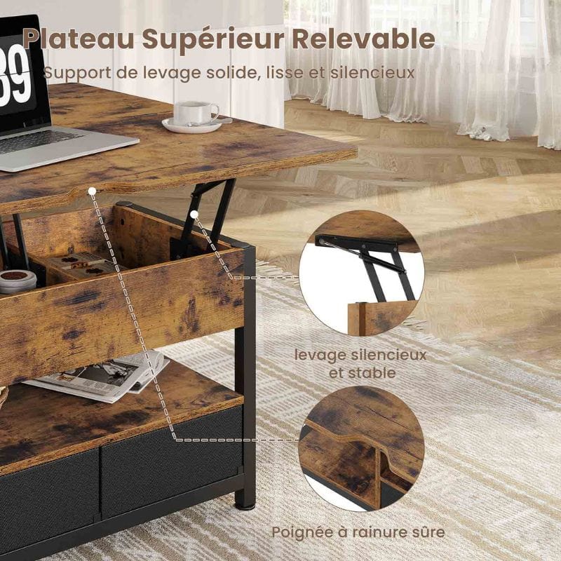 Sikaic Table Basse Relevable 3 en 1 avec 2 Tiroirs Étagère de Rangement et Compartiment Caché Marron