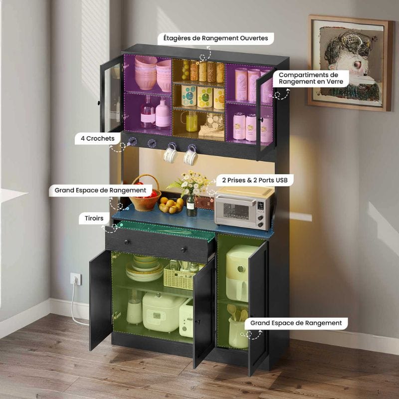 Sikaic LED armoire buffet cuisine avec multiprise, plan de travail, 4 compartiments et armoires du bas