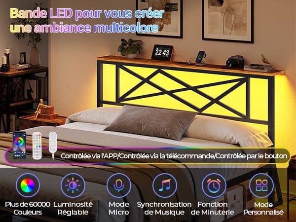 Sikaic cadre de lit en métal avec tête LED, prise de courant, étagères de rangement et espace de rangement sous le lit.
