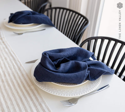 Introducing our navy blue linen napkins set, designed to elevate your dining experience with a touch of warmth and charm.