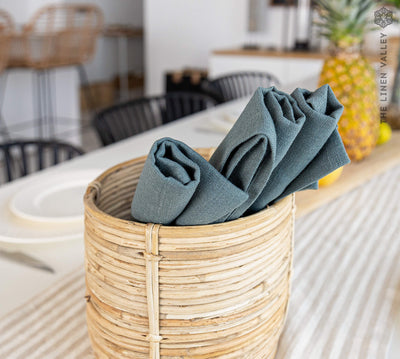 Introducing our teal blue linen napkins set, designed to elevate your dining experience with a touch of warmth and charm.