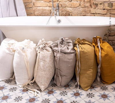 Introducing our optical white linen laundry bag, the ultimate solution for keeping your laundry organised in style.