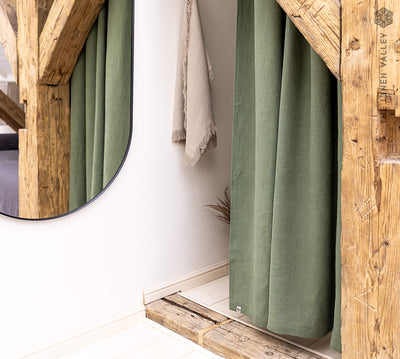 Our tie top moss green linen curtains are designed and made to give your home a unique and timeless charm, and no matter the style of your home, linen can fit into any interior.