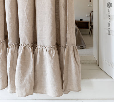 Tie Top Natural Unbleached Linen Curtain With Ruffles (1 pcs)