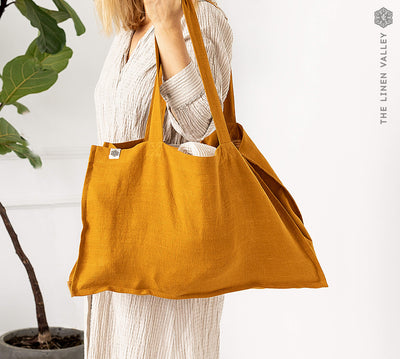 Amber yellow linen tote bags designed and made for long, comfortable and sustainable use.