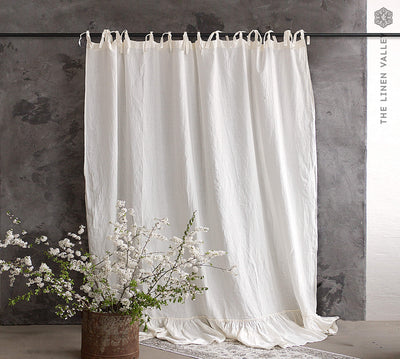 Tie Top Off White Linen Curtain with Ruffles (1 pcs)