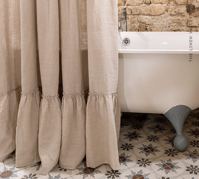 Our tie top natural unbleached linen shower curtains with ruffles are designed and made to give your home a unique and timeless charm, and no matter the style of your home, linen can fit into any interior.