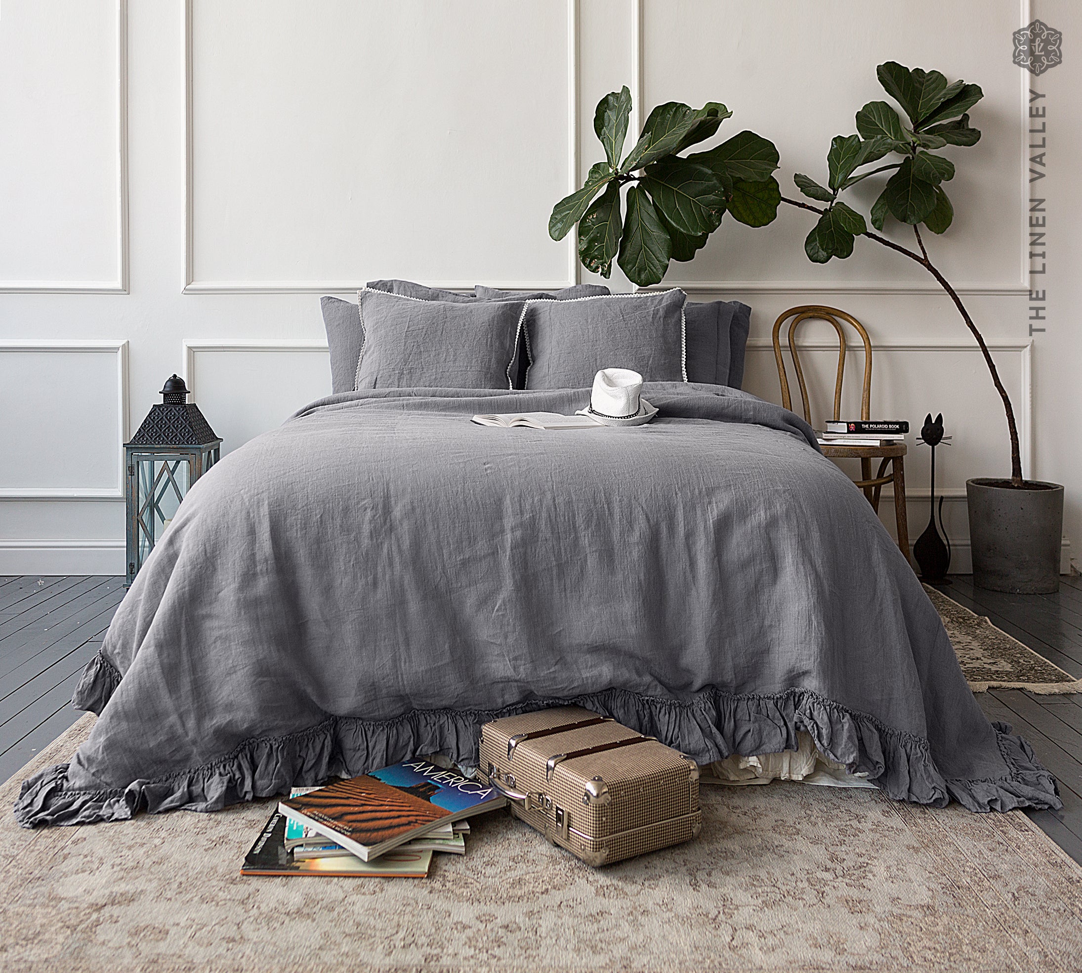 charcoal grey linen bedding