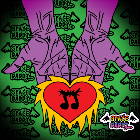 Two purple hands holding a furry heart with a musical note on it