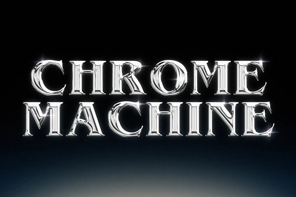 Shining chrome text effect displaying 'CHROME MACHINE' showcasing a sleek and modern typography style, highlighting the product's capability to create visually impactful and polished text graphics.
