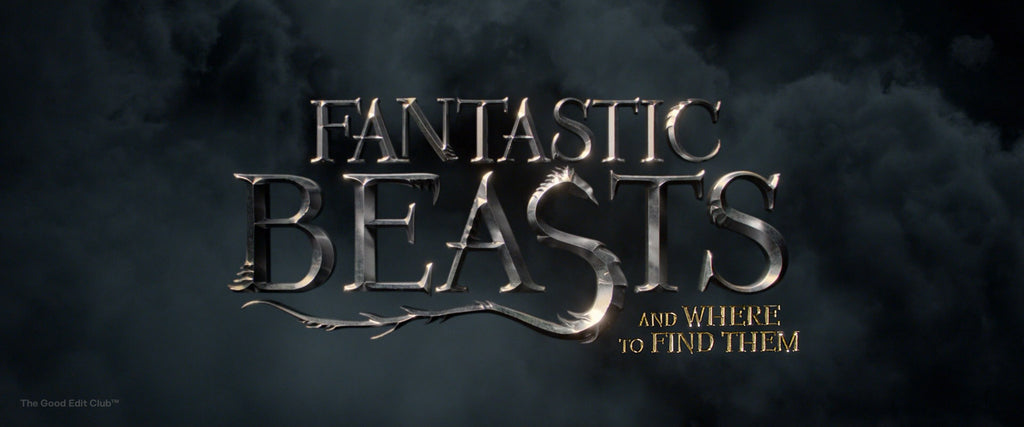 Fantastic Beasts and Where to Find Them (2016)film title with a silver chrome text effect, adorned with sharp, whimsical serifs, against a mystical clouded background, invoking the film's magical theme.