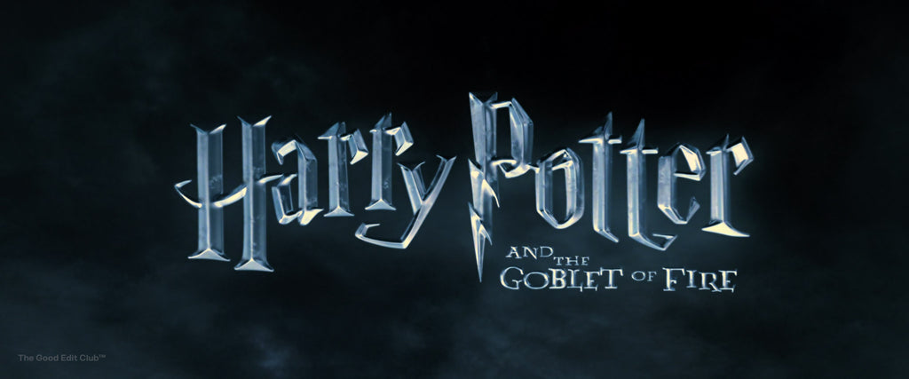 Harry Potter and the Goblet of Fire (2005) film title featuring a silver chrome text effect with sharp edges and light reflections, embodying the film's magical and adventurous spirit.