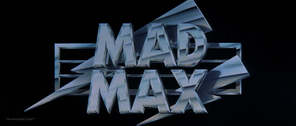 Mad Max (1979) movie title with chrome text effect showcasing sharp geometric typography against a dark background, exemplifying classic metallic style in film.