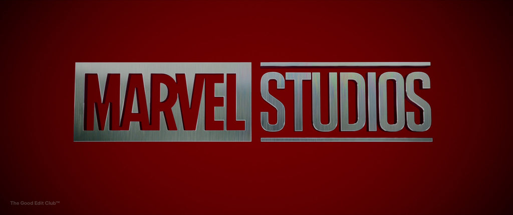 Marvel Studios logo with a metallic chrome text effect on a vibrant red background, reflecting the brand's impact in the superhero film industry.
