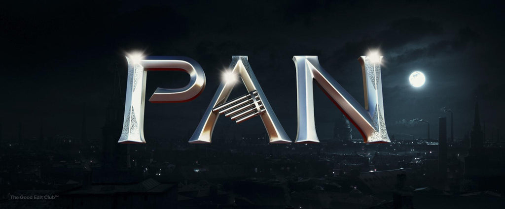 Pan (2015) movie title with a shining chrome text effect, each letter uniquely adorned, set against a moonlit, industrial Victorian skyline, evoking the film's adventurous reimagining of the classic tale.